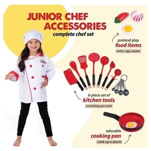 Chef Costume For Kids w/ Chef Coat & Hat Ages 3-7 Kitchen Accessories Set EUC